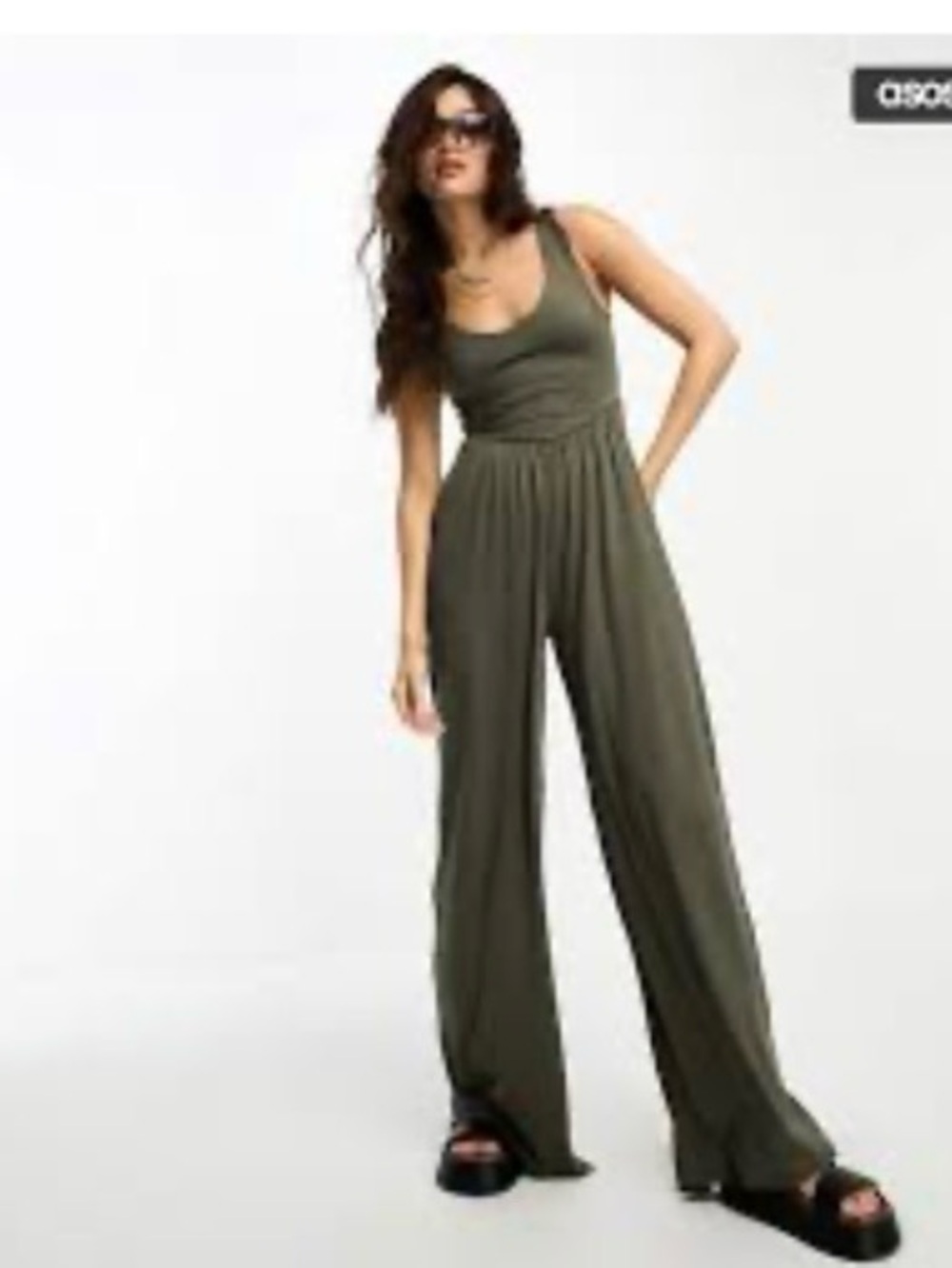 ASOS Design Olive Green Wide Leg Sleeveless Jumpsuit Size US 10